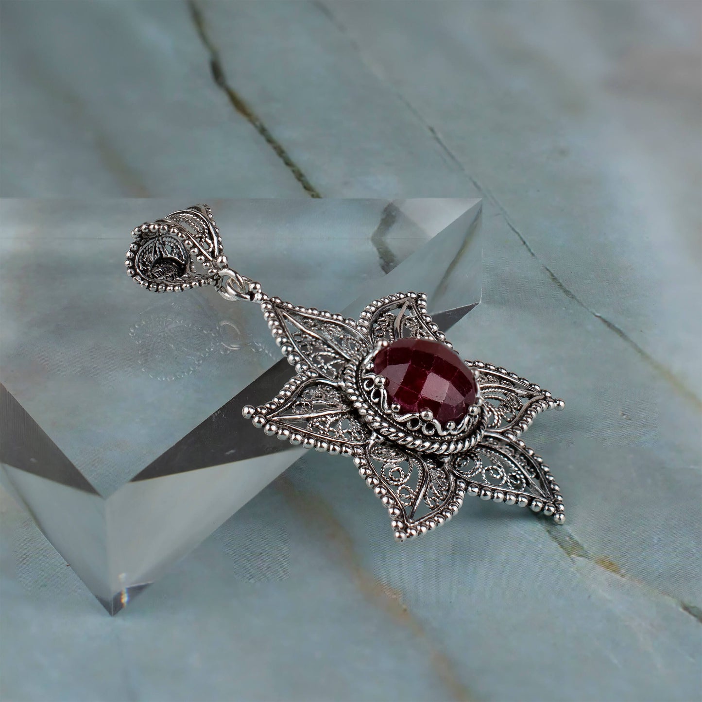 Filigree Art Ruby Corundum Gemstone Star Design Women Silver Pendant